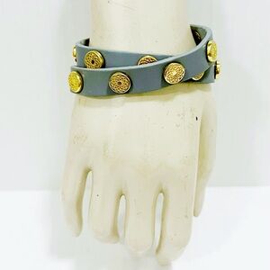 Vintage Sheng Tong Grey Leather Gold Stud Wrap Bracelet